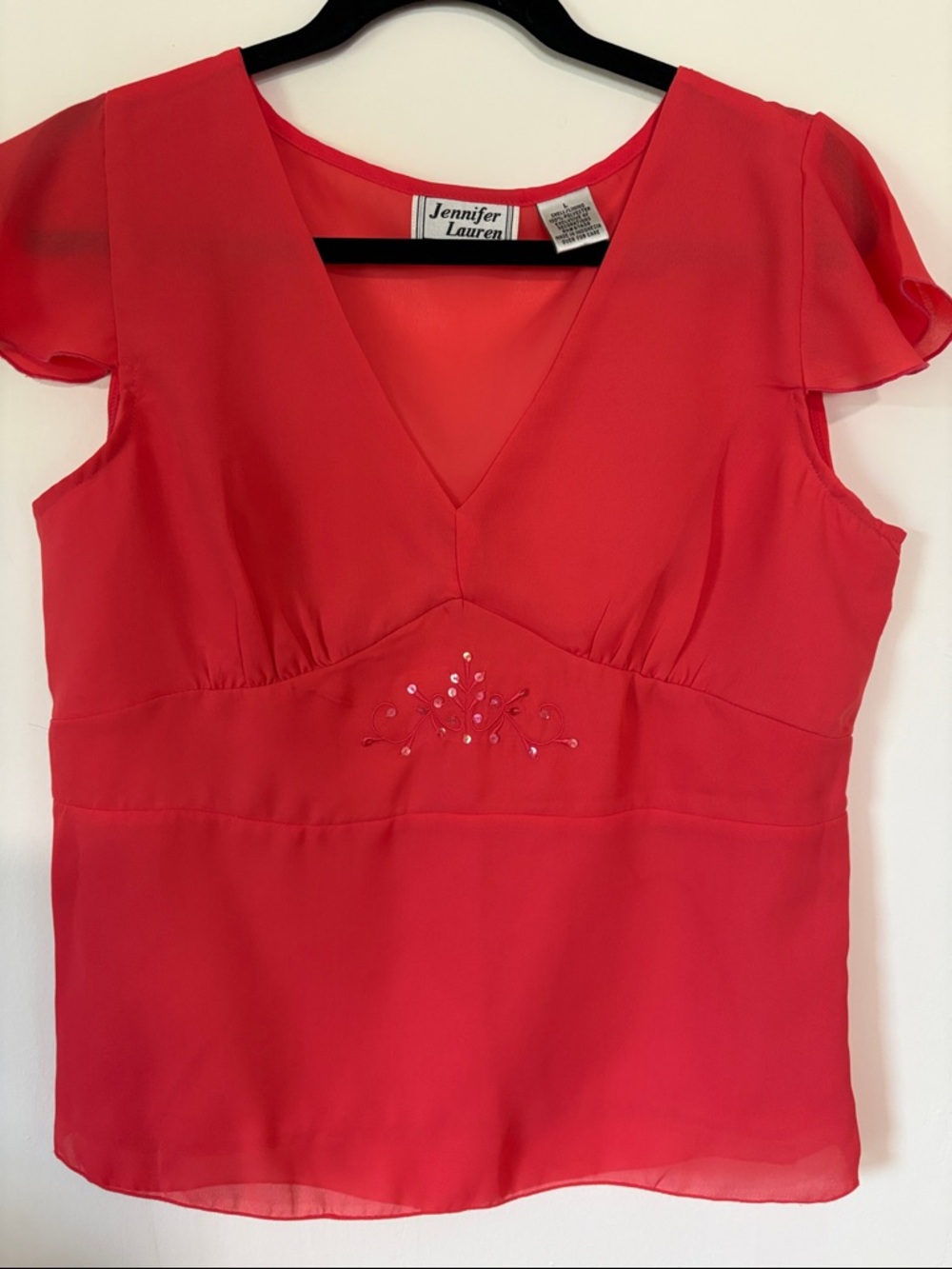 Jennifer Lauren Coral-Red V-Neck Embellished Flutter Sleeve Blouse